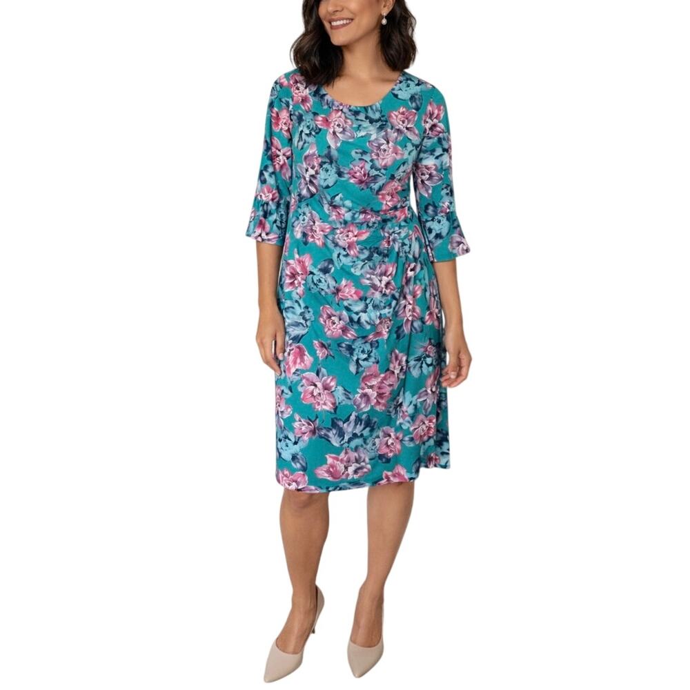 Connected Apparel Midi Floral‎ Dress Size 14 Green Pink 3/4 Sleeve NEW